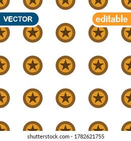 Editable 006 : Abstract Seamless pattern consisting a set of five-pointed Stars inside Small Gold-Brown circular shields composed for a square shape White backdrop -Vector