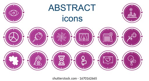 Editable 14 abstract icons for web and mobile. Set of abstract included icons line Eye, Cityscape, Pie chart, Rose, Firework, Gps, Calendar, Flower, Puzzle, Man, Hourglass, Torch