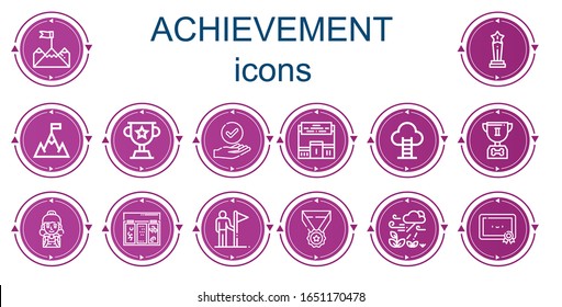 Editable 14 achievement icons for web and mobile. Set of achievement included icons line Goal, Trophy, Success, Pedestal, Student, Topping, Goals, Medal, Growth, Certification