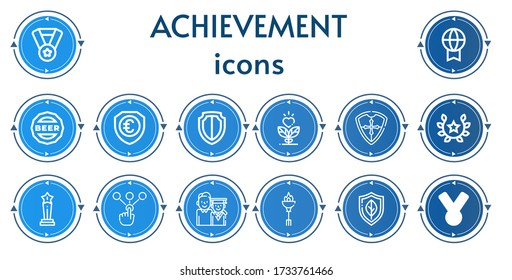 Editable 14 achievement icons for web and mobile. Set of achievement included icons line Medal, Prize, Cap, Shield, Growth, Laurel, Trophy, Choice, Graduation, Torch