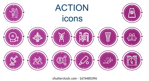 Bearbeitbar 14 Action-Icons für Web und Mobile. AktionsSet mit Symbolen inklusive: Surfer, Superhero, Alarmglocken, Kreuzbogen, Cricket, Slide, Badminton, Glocken, Radar, Marathon, Teilen