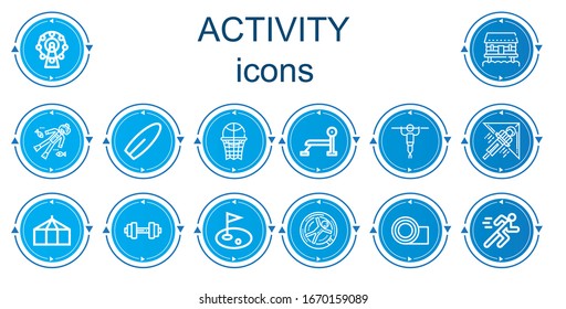 Editable 14 activity icons for web and mobile. Set of activity included icons line Ferris wheel, Cabin, Scuba diving, Surfboard, Basketball, Bench press, Fitness, Hang gliding