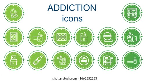 Editable 14 addiction icons for web and mobile. Set of addiction included icons line Drugs, Pills, Lighter, Vials, Smoker, No smoking, Slot machine, Smoking pipe