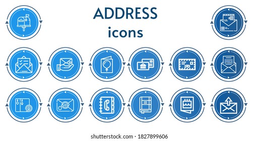 Editable 14 address icons for web and mobile. Set of address included icons line Email, Mail, Envelope, Card, Postal, Cards, Contact book, Contact list, Invitation