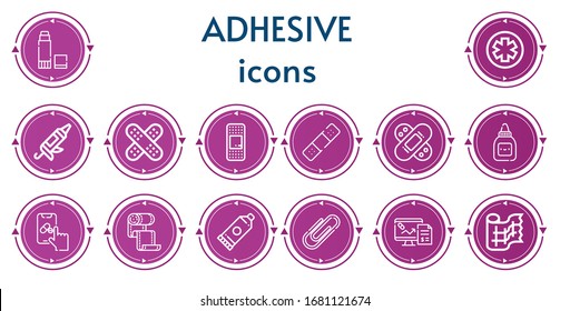 Editable 14 Adhesive Icons For Web And Mobile. Set Of Adhesive Included Icons Line Glue, Pharmacy, Caulk Gun, Plaster, Bandage, Paper Clip, Gauze