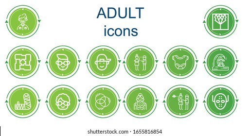 Editable 14 adult icons for web and mobile. Set of adult included icons line Grandfather, Suit, Arms, Boy, Flirty, Body, Skimboard, Arm, Grandmother, Ponytail, Distraction, Serial killer