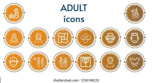 Editable 14 adult icons for web and mobile. Set of adult included icons line Arm, Elderly, Grandmother, Boy, Arms, Suit, Heisenberg, Distraction, Old man, Body