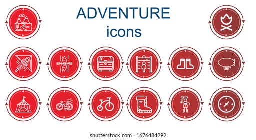 Editable 14 adventure icons for web and mobile. Set of adventure included icons line Mountains, Campfire, Hang gliding, Kayak, Chest, Metal detector, Boots, Zeppelin, Tent, Bike