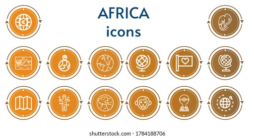 Editable 14 africa icons for web and mobile. Set of africa included icons line Globe, Elephant, Savannah, Earth globe, Flag, Map, Voodoo, Earth, Monkey, World