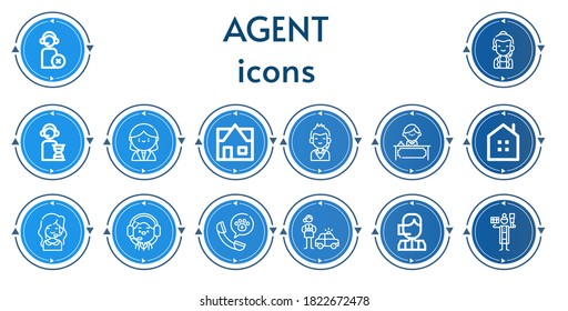 Editable 14 agent icons for web and mobile. Set of agent included icons line Operator, Call center, Receptionist, Real estate, Detective