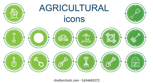 Editable 14 agricultural icons for web and mobile. Set of agricultural included icons line Sand, Shovel, Pitchfork, Tractor, Crop, Rake, Fertilizer