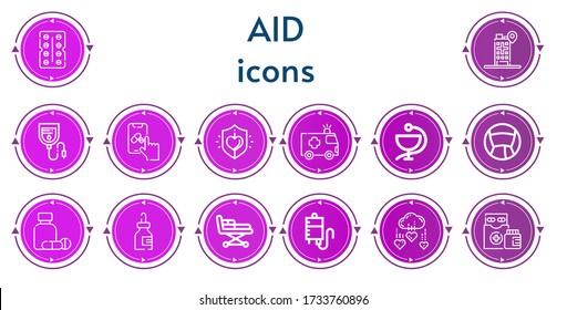 Editable 14 aid icons for web and mobile. Set of aid included icons line Antibiotic, Hospital, Blood bag, Pharmacy, Charity, Ambulance, Medicine, Stretcher, Blood transfusion