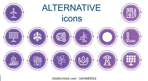 Editable 14 alternative icons for web and mobile. Set of alternative included icons line Windmill, Eco fuel, Solar panel, Eolic energy, Global warming, Ecology, Essential oil