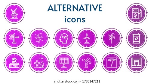 Editable 14 alternative icons for web and mobile. Set of alternative included icons line Windmill, Eco fuel, Panel, Eco, Tesla, Solar panel, Wind turbine, Hydro power