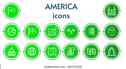 Editable 14 america icons for web and mobile. Set of america included icons line Flag, Democracy monument, Earth, Map, Flags, Cowboy, Capitol, Globe, Pacifism, Gateway arch
