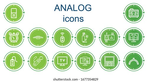 Editable 14 analog icons for web and mobile. Set of analog included icons line Recorder, Alarm clock, Tv, Controller, Noon