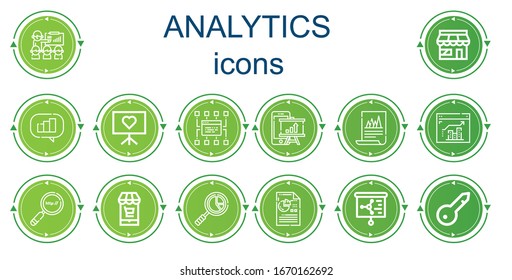 Editable 14 analytics icons for web and mobile. Set of analytics included icons line Presentation, Market, Analytics, Sitemap, Search engine, Keyword
