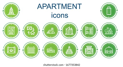 Editable 14 Apartment Icons For Web And Mobile. Set Of Apartment Included Icons Line Empire State, Building, Blueprint, Mortgage, House, Skyscraper, Bunk Bed, House Plan