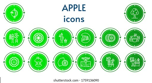 Editable 14 apple icons for web and mobile. Set of apple included icons line Apple, Fruit tree, Gardener, Mangosteen, New york, Kiwi, Diet, Pie, Bitten Fitness