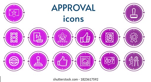 Editable 14 approval icons for web and mobile. Set of approval included icons line Recommendation, Stamp, Satisfaction, Thumbs up, Guarantee, Thumb up, Proposal