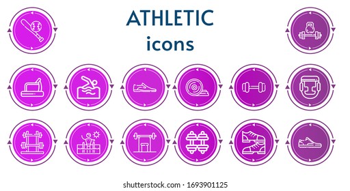 Editable 14 athletic icons for web and mobile. Set of athletic included icons line Baseball, Weightlifting, Treadmill, Swimming, Shoes, Weight plates, Dumbbell, Boxing, Swimming pool