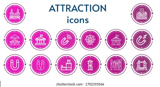Editable 14 attraction icons for web and mobile. Set of attraction included icons line Golden gate, Roller coaster, Carousel, Magnet, Ferris wheel, Circus tent, Magnetism, Belem tower