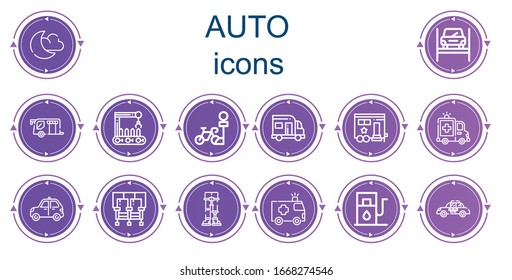 Editable 14 auto icons for web and mobile. Set of auto included icons line Night mode, Repairing, Trailer, Robot arm, Parking, Caravan, Ambulance, Taxi, Seats, Robotics, Gas station