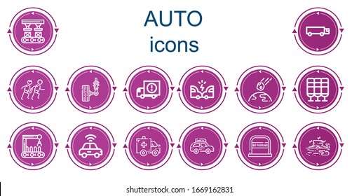 Bearbeitbar 14 Auto-Icons für Web und Mobile. Set mit Auto-Inklusive Icons Linie Roboter Arm, Lastwagen, Race, Suspension, Lieferwagen, Unfall, Kollision, Sitz, Autonome Autos