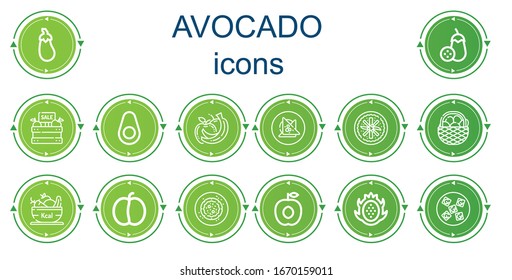 Editable 14 iconos de aguacate para web y móvil. Conjunto de aguacate incluido íconos línea de huevos planta, fruta, aguacate, frutas, comida vegana, ciruela, albaricot, fruta dragón