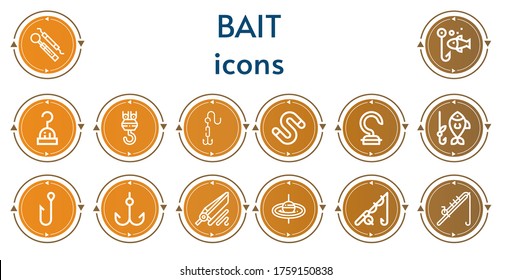 Editable 14 iconos de cebo para web y móvil. Juego de cebo incluido íconos línea Hook, Pesca, Gusano, varilla de pesca