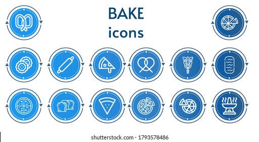 Editable 14 bake icons for web and mobile. Set of bake included icons line Pretzel, Pizza, Biscuit, Rolling pin, Whisk, Baguettes, Bread, Oven