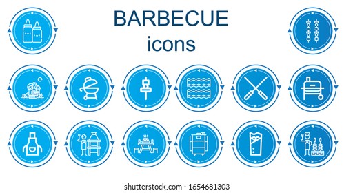 Editable 14 iconos de barbacoa para web y móvil. Conjunto de barbacoa incluido iconos línea Ketchup, Brochette, Picnic, Grill, Skewer, Bacon, Skewers, Apron, Parrilla de ladrillo, Mesa picnic