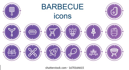 Editable 14 barbecue icons for web and mobile. Set of barbecue included icons line Grill, Meat, Sausage, Hotdog, Skewer, Barbecue, Picnic, Drumsticks, Adventure, Chicken leg