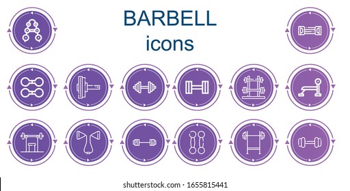Editable 14 barbell icons for web and mobile. Set of barbell included icons line Barbell, Resistance band, Dumbbell, Bench press, Weightlifting, Chest expander