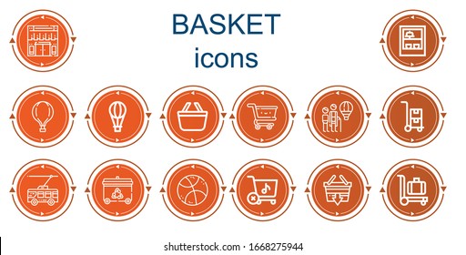 Bearbeitbare 14 Korbsymbole für Web und Mobile. Basketset inklusive Icons Line Online-Shop, Shop, Heißluftballon, Einkaufskorb, Warenkorb, Warenkorb, Warenkorb, Trolley, Recycling-bin, Basketball, Store