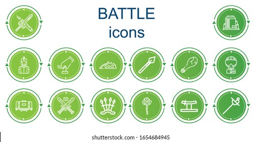 Editable 14 iconos de batalla para web y móvil. Conjunto de batalla incluía íconos de la línea Espada, Tanque, Caballero, Cañón, Nuca, Altavoz, Arma, Ejército, Espadas, Armas, Mace, Katana