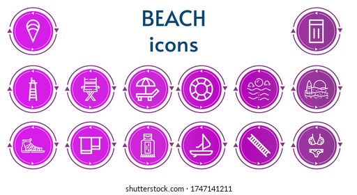 Editable 14 beach icons for web and mobile. Set of beach included icons line Clam, Inflatable, Lifeguard, Chair, Beach, Lifesaver, Sea, Sandals, Towel, Sunblock, Windsurf, Ladder