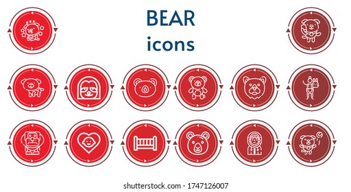 Editable 14 bear icons for web and mobile. Set of bear included icons line Dog, Sloth, Bear, Stuffed animal, Baby, Crib, Eskimo