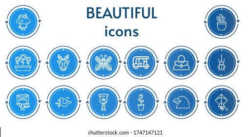 Editable 14 beautiful icons for web and mobile. Set of beautiful included icons line Unicorn, Cactus, Flowers, Deer, Butterfly, Tuk tuk, Handbag, Beetle, Kitty, Dove, Leg, Flower