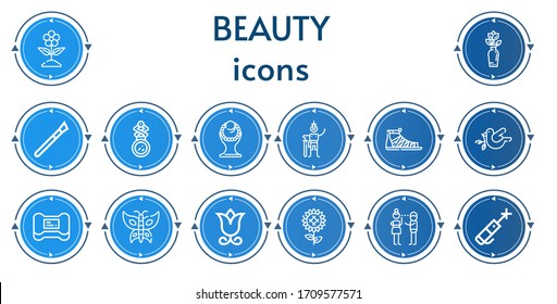Editable 14 beauty icons for web and mobile. Set of beauty included icons line Flower, Makeup, Mirror, Necklace, Swallow, Sandals, Dove, Soap, Butterfly, Sunflower, Flirty, Laser pen
