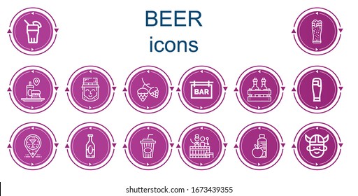 Editable 14 beer icons for web and mobile. Set of beer included icons line Drink, Beer, Fast food, Leprechaun, Hop, Bar, Alcoholic drink, Cola, Barrel, Food, Viking