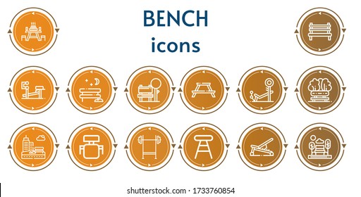 Editable 14 bench icons for web and mobile. Set of bench included icons line Picnic table, Bench, Park, Desk chair, press, Stool