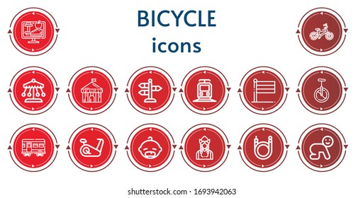 Editable 14 bicycle icons for web and mobile. Set of bicycle included icons line Lifestyle, Bicycle, Ride, Circus, Street, Train, Holland, Monocycle, Stationary bike, Baby, Dutch