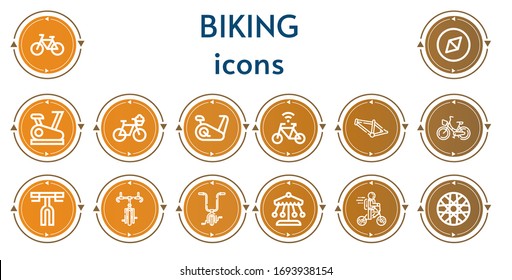 Editable 14 biking icons for web and mobile. Set of biking included icons line Bicycle, Adventure, Stationary bike, Bmx, Handlebar, Ride, Bike, Spoke wheel