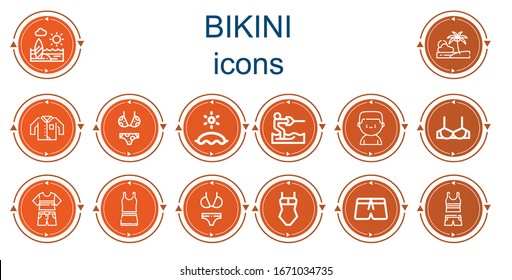 Editable 14 bikini icons for web and mobile. Set of bikini included icons line Beach, Clothing, Bikini, Water ski, Boxer, Brassiere, Clothes, Swimsuit
