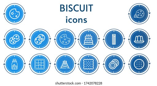 Editable 14 biscuit icons for web and mobile. Set of biscuit included icons line Cookie, Cookies, Birthday cake, Churros, Jelly, Waffle, Biscuit
