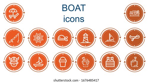 Editable 14 boat icons for web and mobile. Set of boat included icons line Beach, Cargo ship, Fishing, Rudder, Pirate, Lighthouse, Sail, Canoe, Viking, Windsurf, Sand bucket