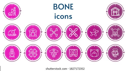 Editable 14 bone icons for web and mobile. Set of bone included icons line Veterinarian, Dog house, Roast chicken, Veterinary, Bones, Drumsticks, Dog, Skull, Hamster, Orthopedic