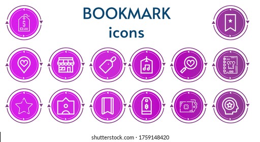 Editable 14 bookmark icons for web and mobile. Set of bookmark included icons line Price tag, Bookmark, Favorite, Market, Label, Favorites, Recipe book, Favourite, Tag