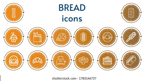 Editable 14 bread icons for web and mobile. Set of bread included icons line Snack, Baguettes, Rice, Food, Cookie, Hotdog, Donut, Hot dog, Hamburger, Croissant, Toaster, Cookies